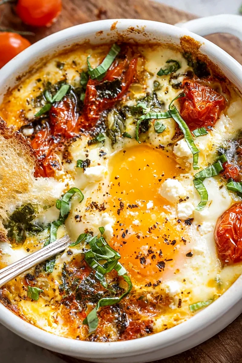 Savory Baked Feta Eggs with Spinach and Tomatoes